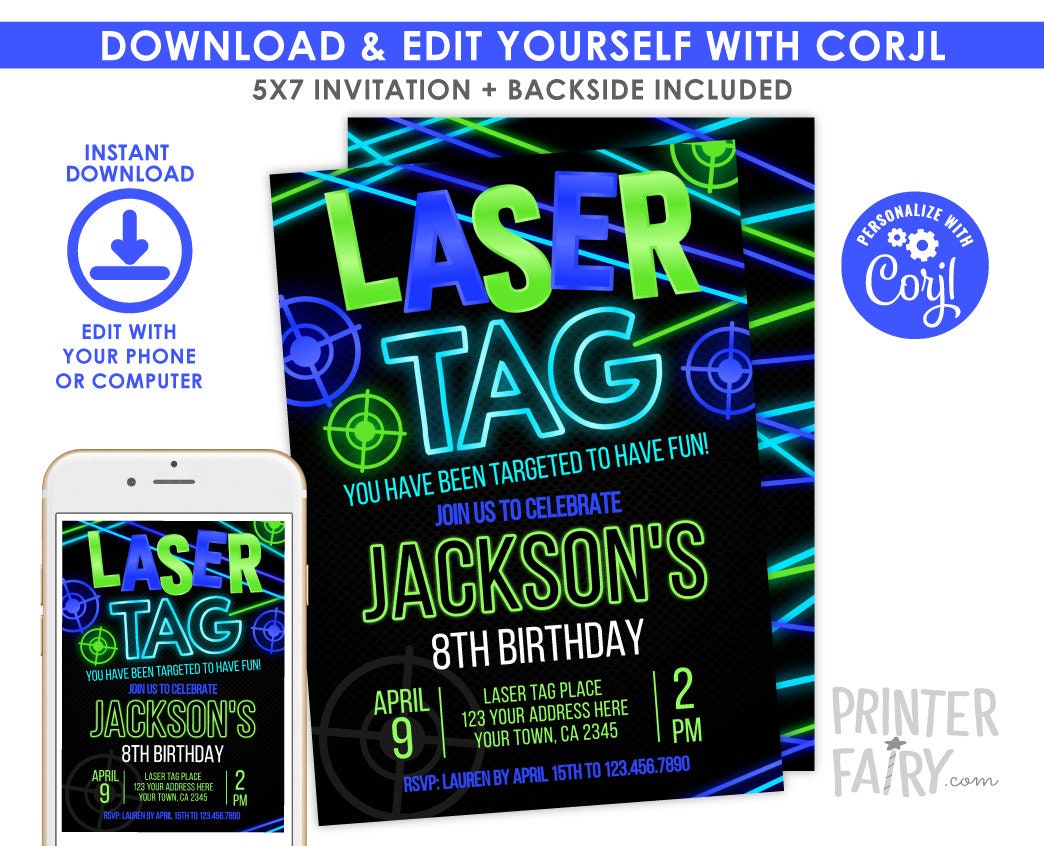 Laser Tag Birthday Invitation EDITABLE Template, Digital INSTANT DOWNLOAD