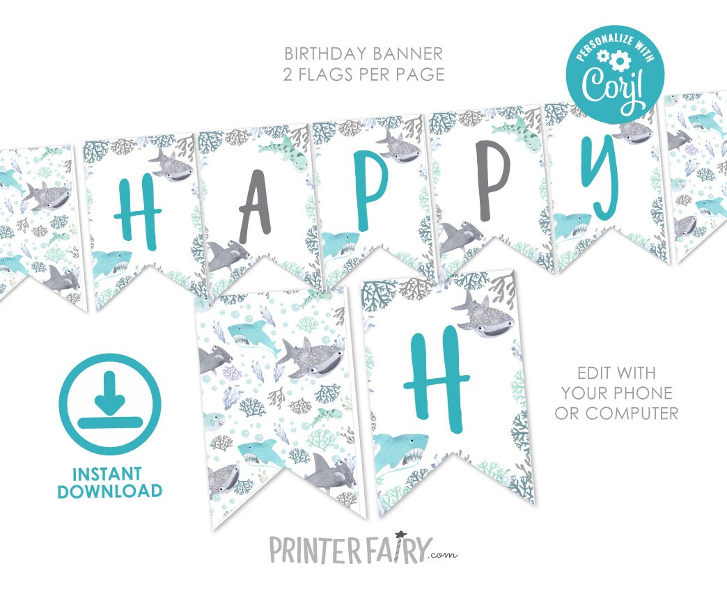 Editable Shark Birthday Banner, Under the Sea Party (Digital Download)