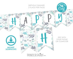 Editable Shark Birthday Banner, Under the Sea Party (Digital Download)