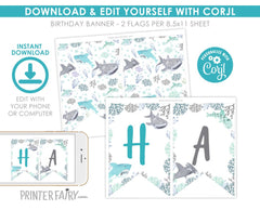 Editable Shark Birthday Banner, Under the Sea Party (Digital Download)