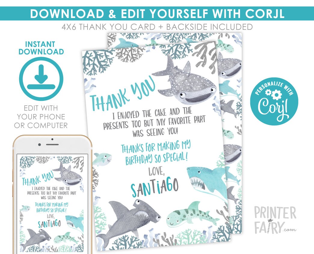 Editable Shark Thank You Cards, Under the Sea Birthday (Instant Download)