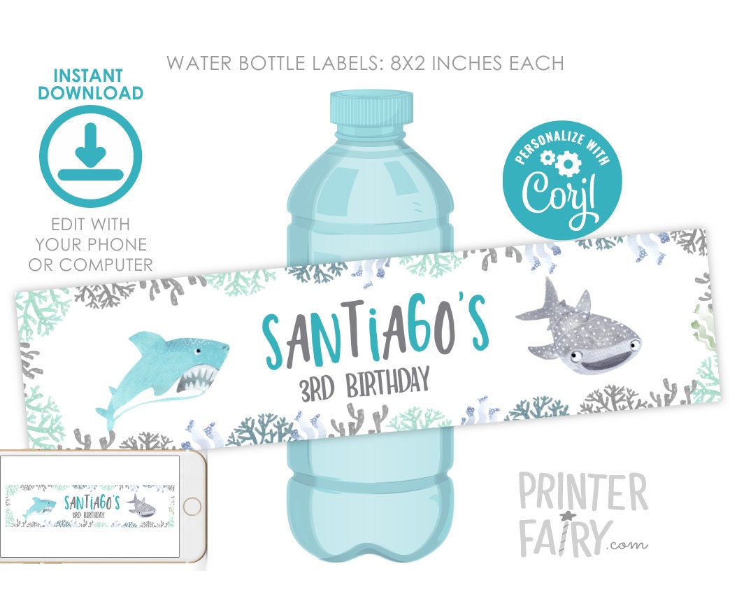 Shark Birthday Water Bottle Labels, Under the Sea EDITABLE (Digital Download)
