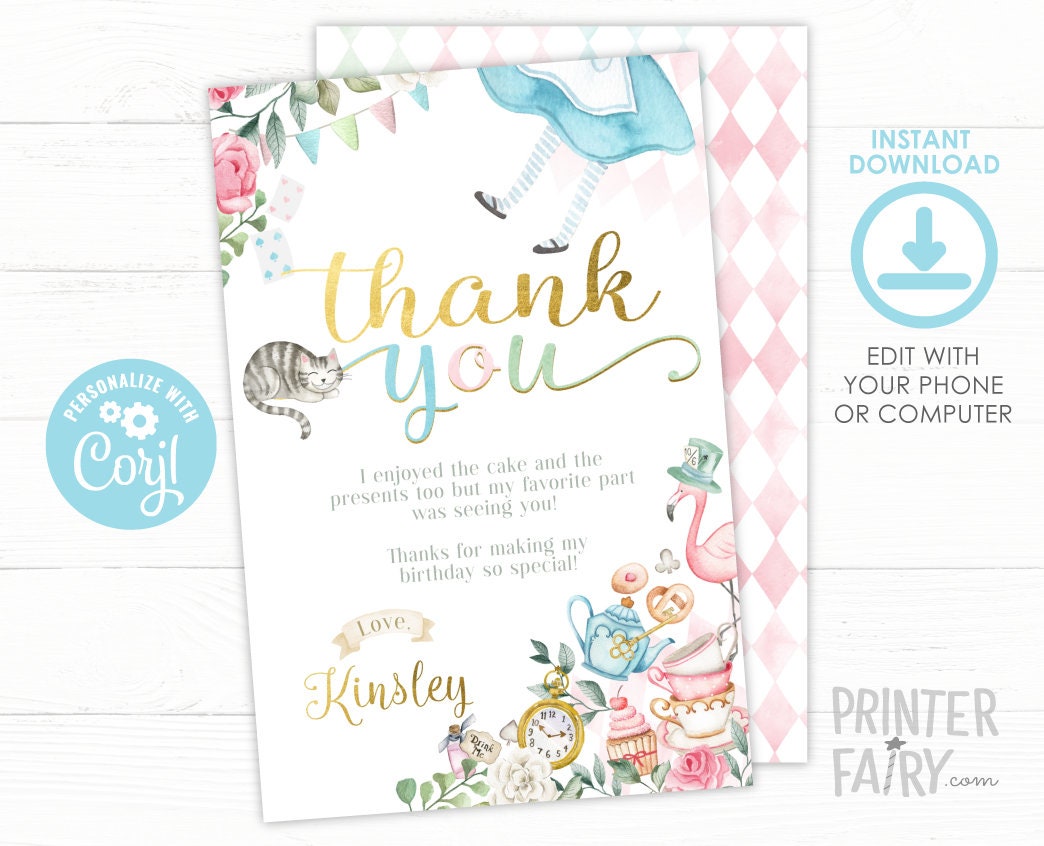 Alice in Wonderland Thank You Card, Editable Template (Instant Download)
