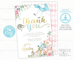 Alice in Wonderland Thank You Card, Editable Template (Instant Download)