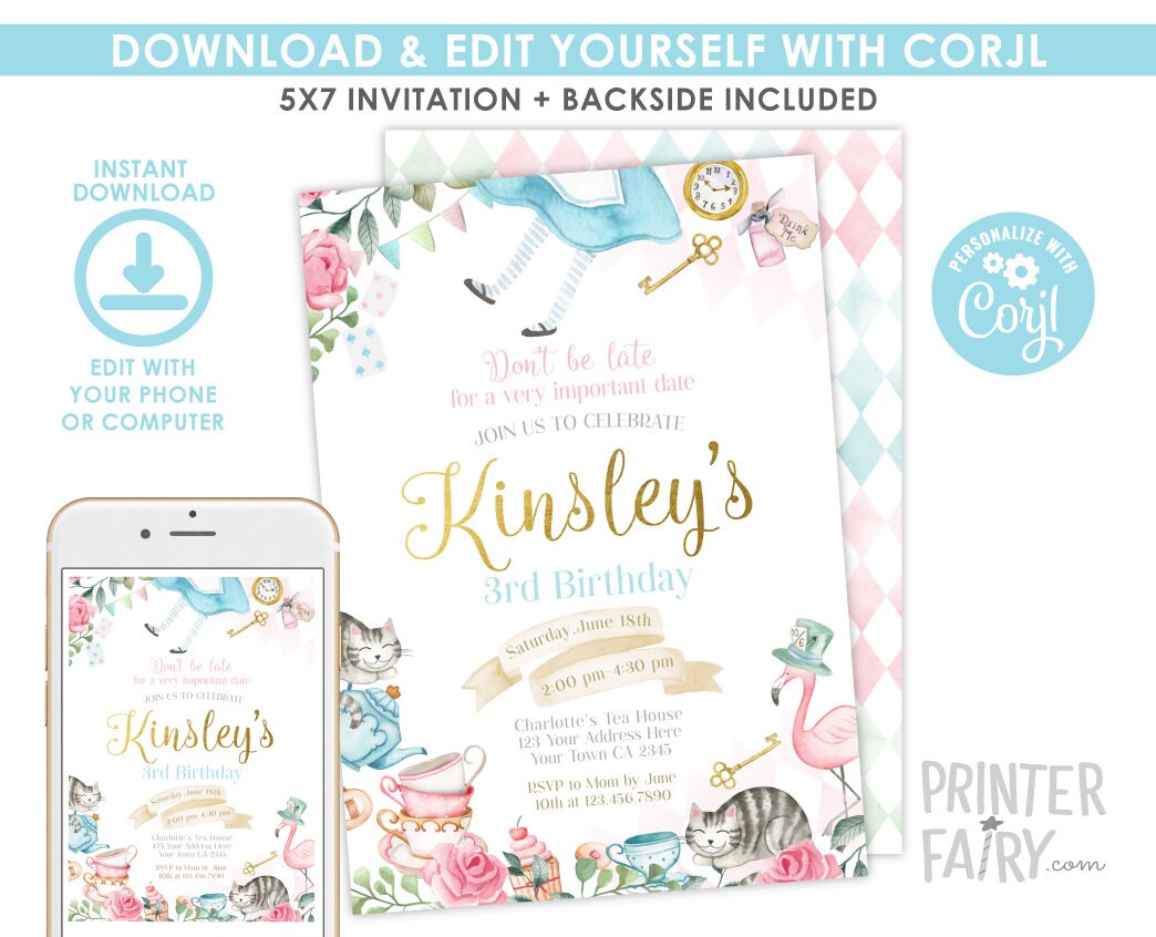 Alice in Wonderland Birthday Invitation, Floral Tea Party, Editable (Digital Download)