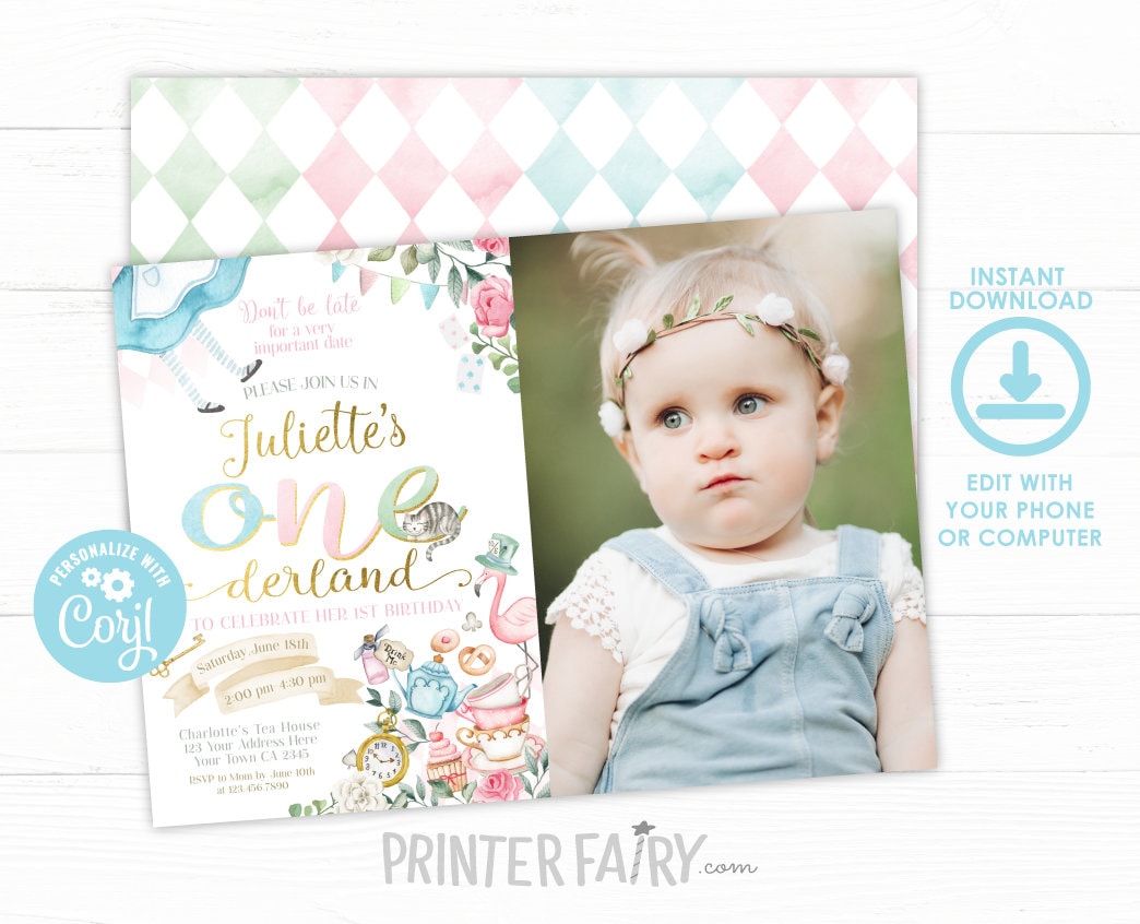 Alice in Wonderland Birthday Invitation, Photo, Editable Onederland (Digital Download)