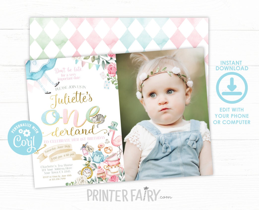 Alice in Wonderland Birthday Invitation, Photo, Editable Onederland (Digital Download)
