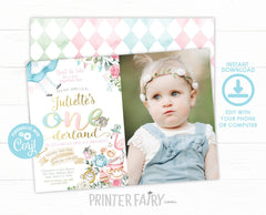 Alice in Wonderland Birthday Invitation, Photo, Editable Onederland (Digital Download)