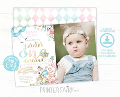 Alice in Wonderland Birthday Invitation, Photo, Editable Onederland (Digital Download)