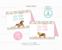 Editable Horse Food Tents, Floral Birthday Party Decor (Instant Download)