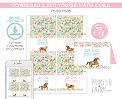 Editable Horse Food Tents, Floral Birthday Party Decor (Instant Download)