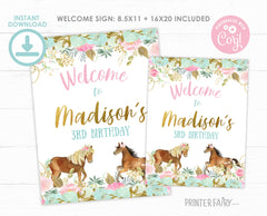 Floral Horse Birthday Welcome Sign, Editable Pony Party Decor (Digital Download)