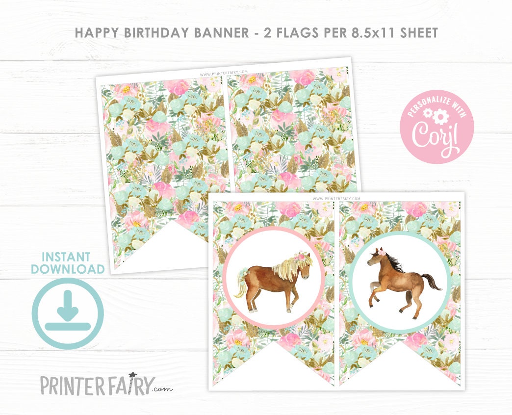 Horse Birthday Banner, Floral Cowgirl Party Decor (Instant Download)
