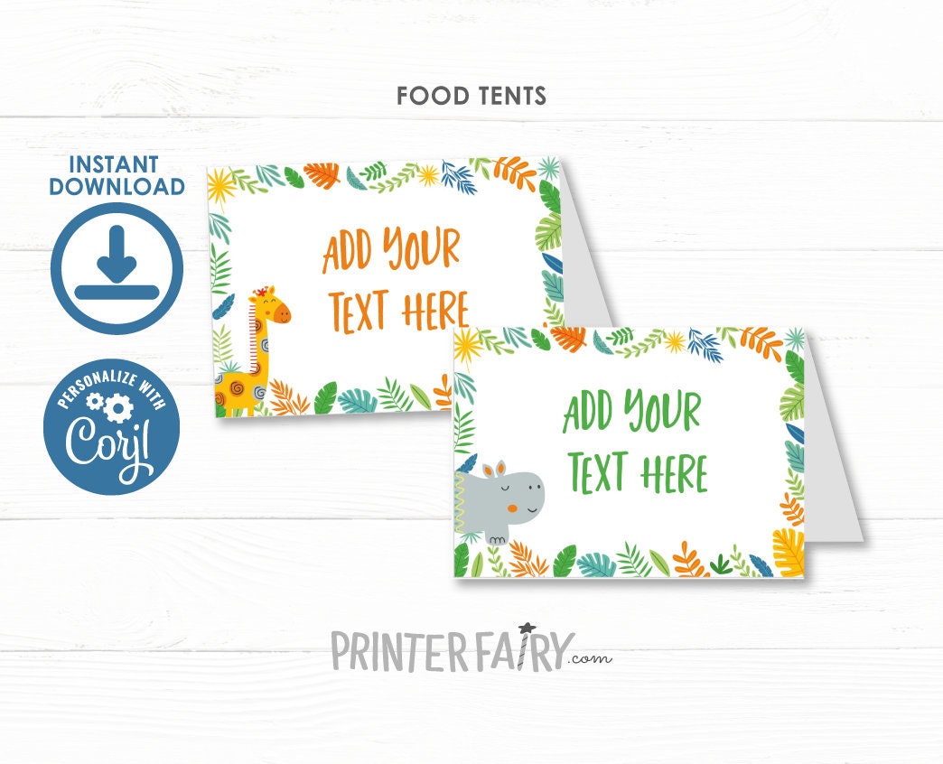 Jungle Birthday Party Food Tents Editable Template, Instant Download