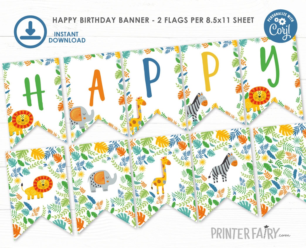 Jungle Birthday Banner, Safari Party Decorations (EDITABLE, Instant Download)