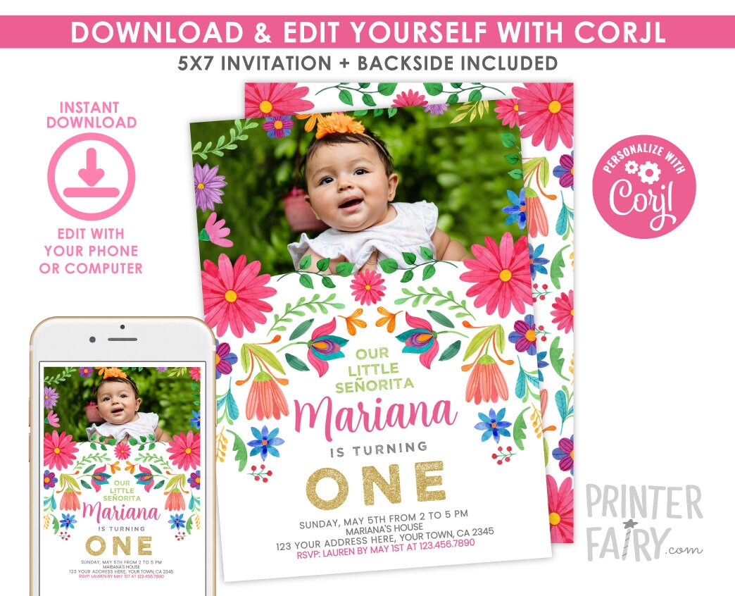Fiesta 1st Birthday Invitation with Photo, Little Señorita (Digital Invite)