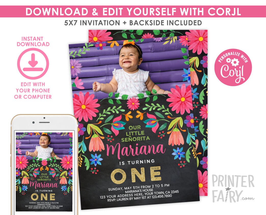 First Fiesta Birthday Invitation, Floral Photo Invite (Digital Download)