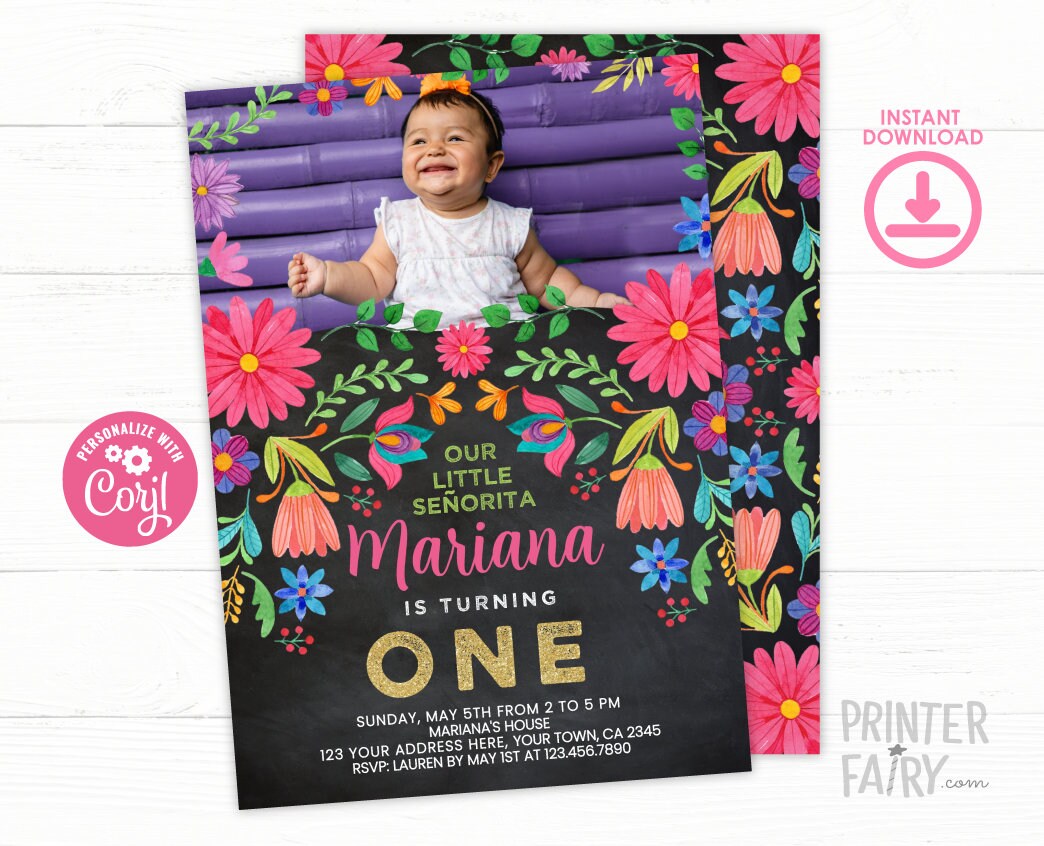 First Fiesta Birthday Invitation, Floral Photo Invite (Digital Download)