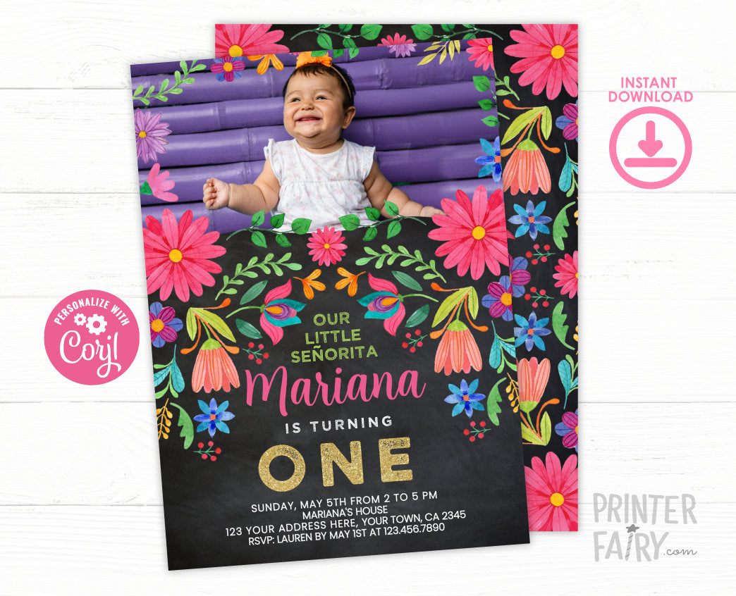 First Fiesta Birthday Invitation, Floral Photo Invite (Digital Download)
