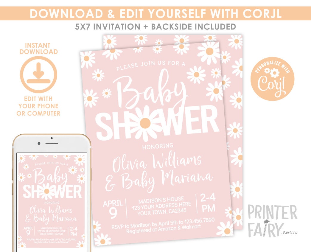 Daisy Baby Shower Invitation Editable Template, Floral Invite (Instant Download)