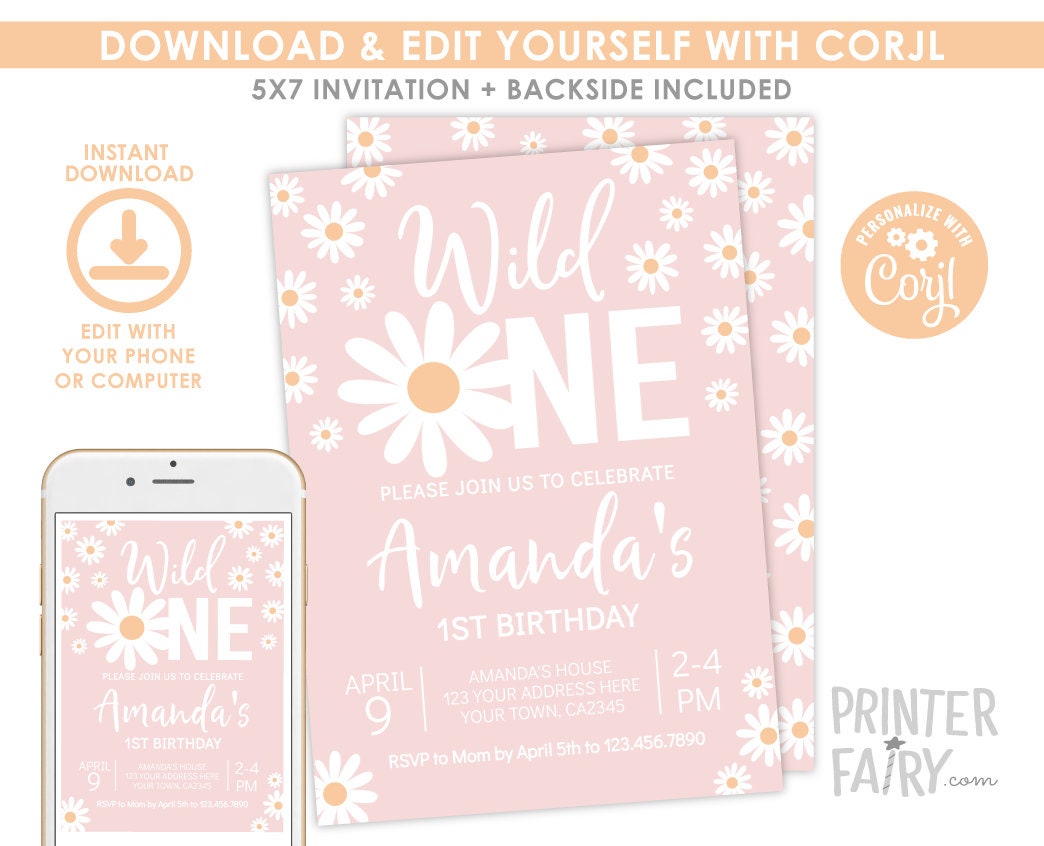 Daisy First Birthday Invitation, EDITABLE Daisy Birthday Invite, Wild One Birthday Invitation, INSTANT DOWNLOAD