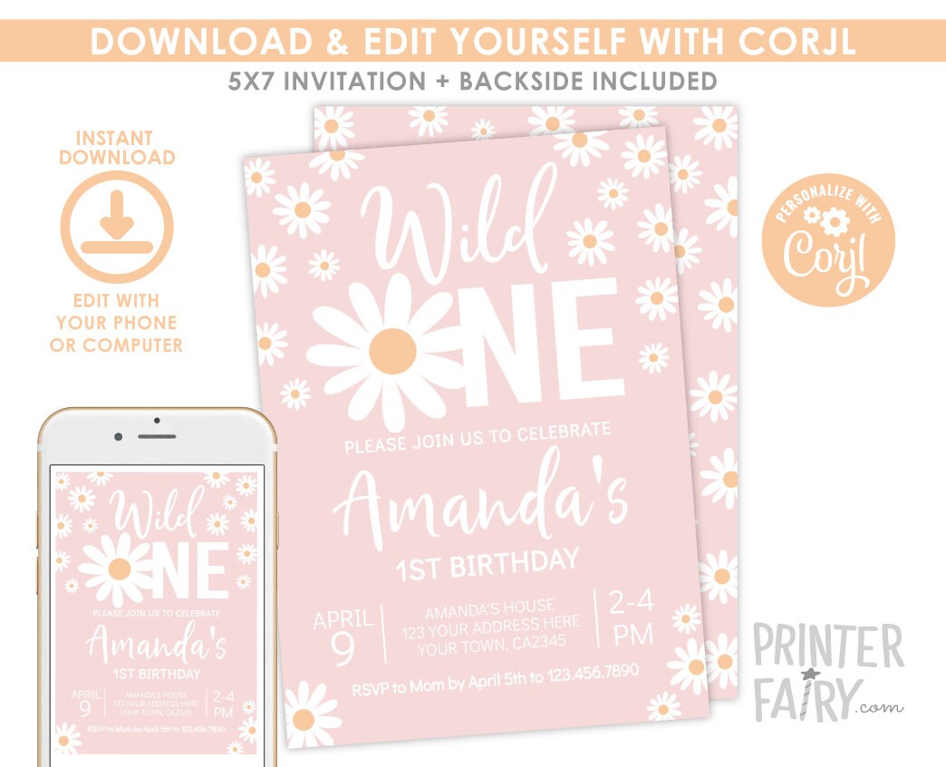 Daisy Wild One 1st Birthday Invitation (Digital Download)