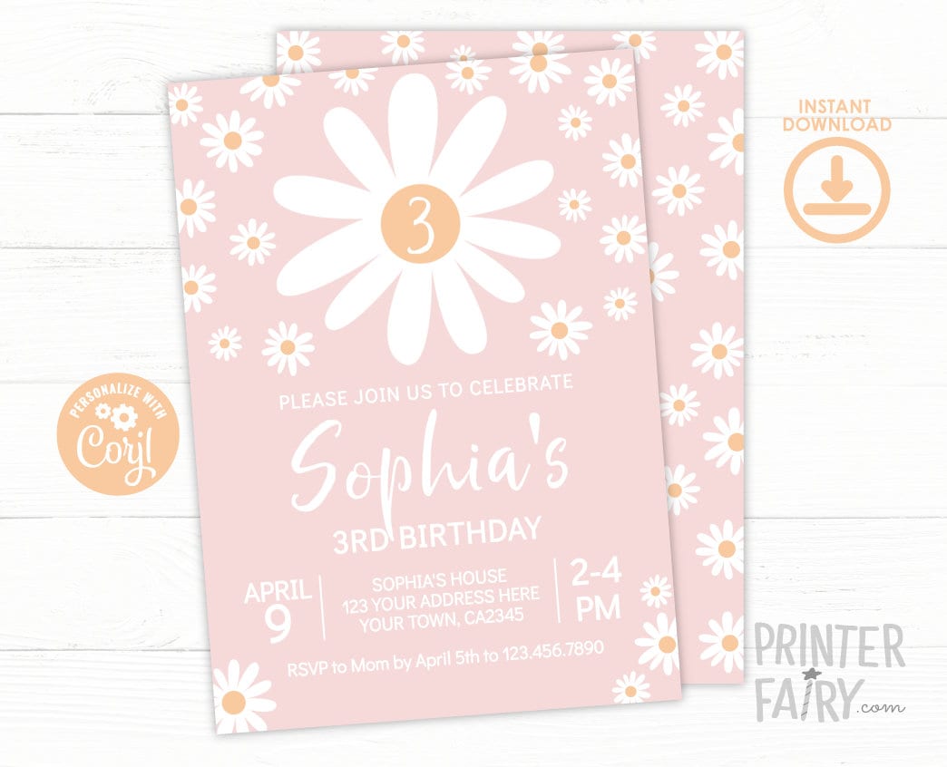 Editable Daisy Birthday Invitation Template, Floral Party (Digital Instant Download)