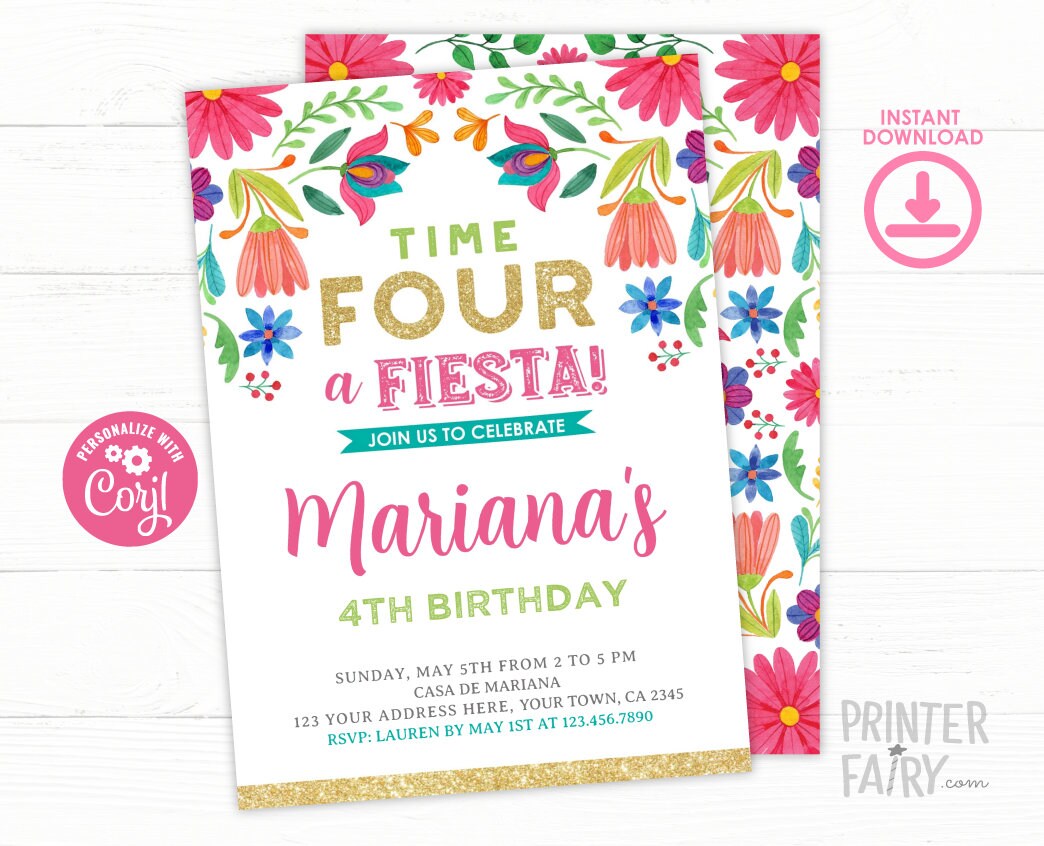 Floral Fiesta 4th Birthday Invitation, Cinco de Mayo (Digital Invite)