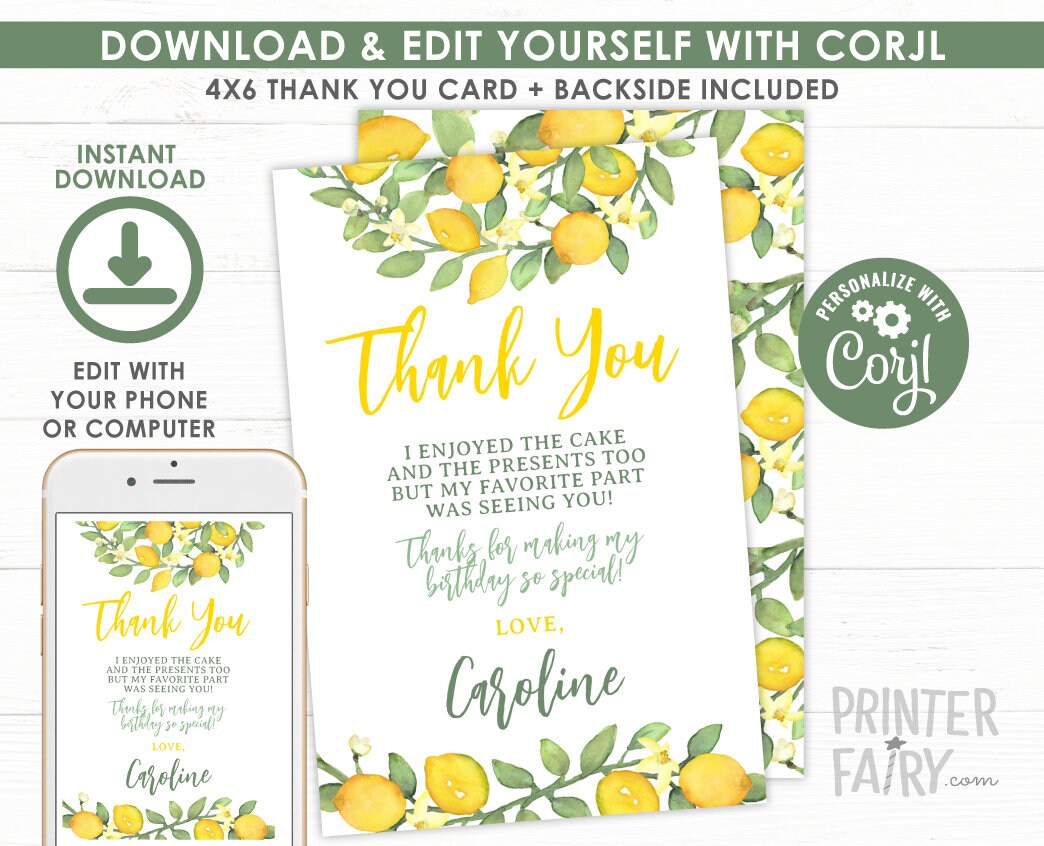 Lemon Thank You Cards, Editable Citrus Notes (Instant Download)