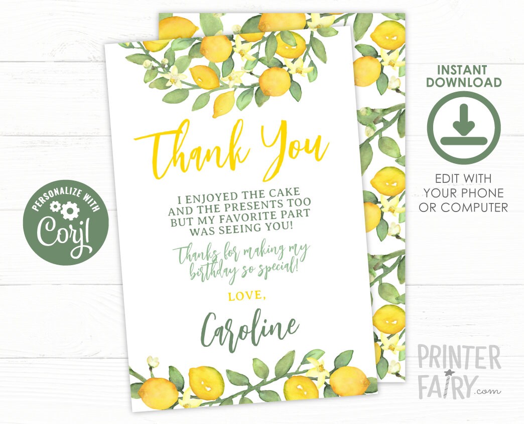 Lemon Thank You Cards, Editable Citrus Notes (Instant Download)