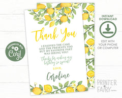 Lemon Thank You Cards, Editable Citrus Notes (Instant Download)