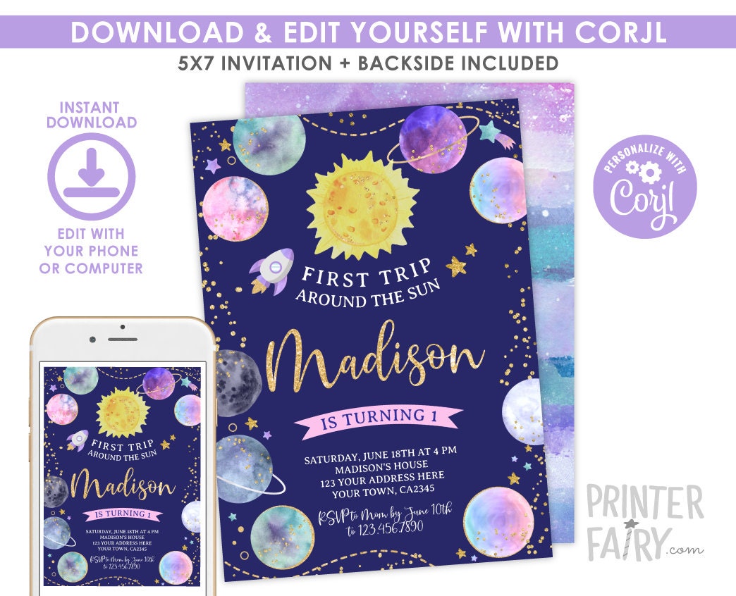 First Trip Around the Sun Invitation EDITABLE Template, Instant Download