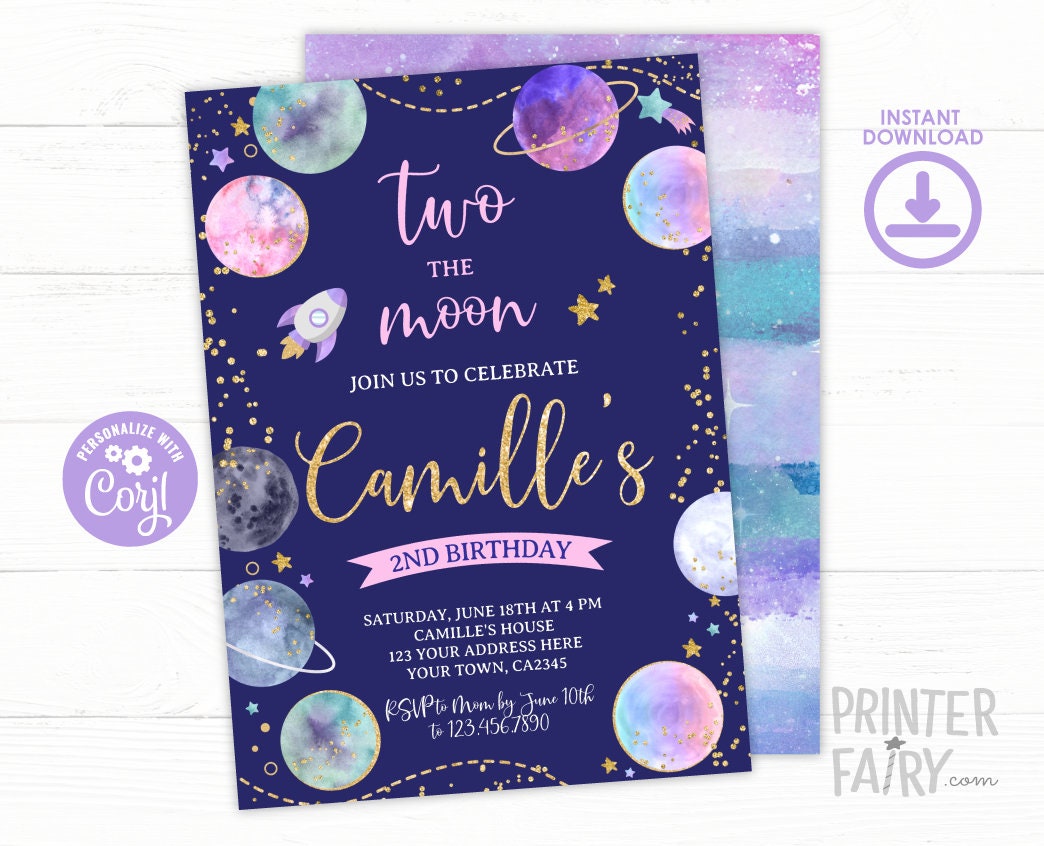 Two the Moon Invitation, Space 2nd Birthday, EDITABLE (Digital Invite)