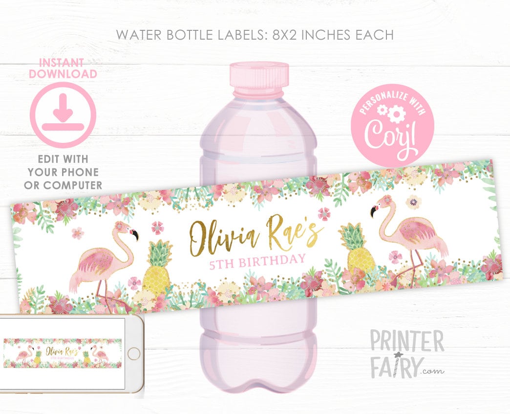 Flamingo Water Bottle Label, EDITABLE, Flamingle Birthday Party, Tropical Birthday Decorations, INSTANT DOWNLOAD