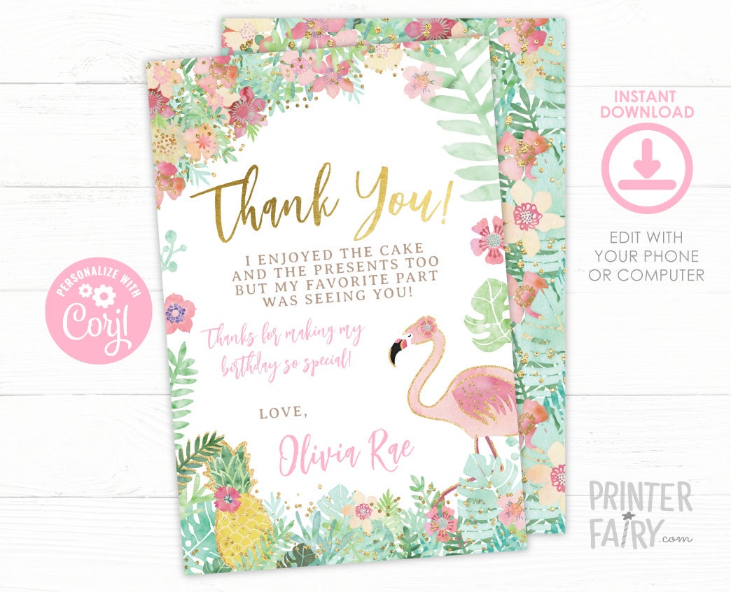 Flamingo Thank You Cards, EDITABLE, Flamingle Birthday Party, Tropical Birthday Decorations, INSTANT DOWNLOAD