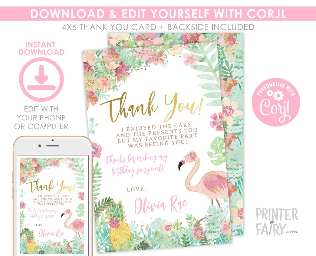 Flamingo Thank You Cards, EDITABLE, Flamingle Birthday Party, Tropical Birthday Decorations, INSTANT DOWNLOAD