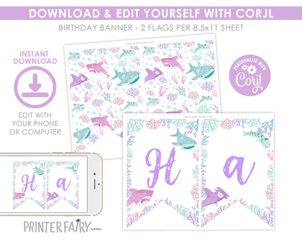 Shark Birthday Party Printable Banner Editable Template, Instant Download