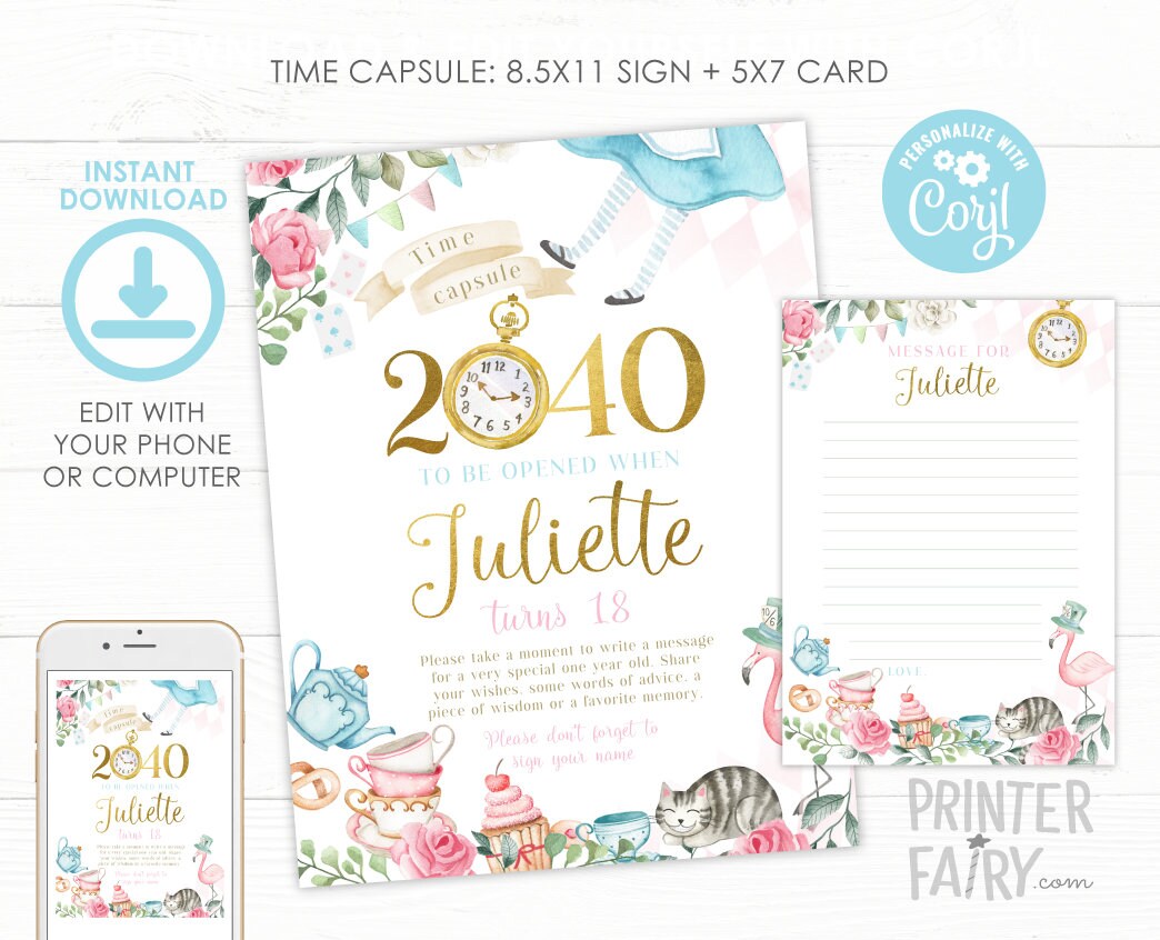 Alice in Wonderland Time Capsule, Birthday Party Decor (Editable, Instant Download)