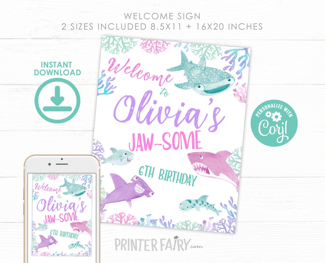 Shark Birthday Welcome Sign, Under the Sea Party Decor (Digital Download)