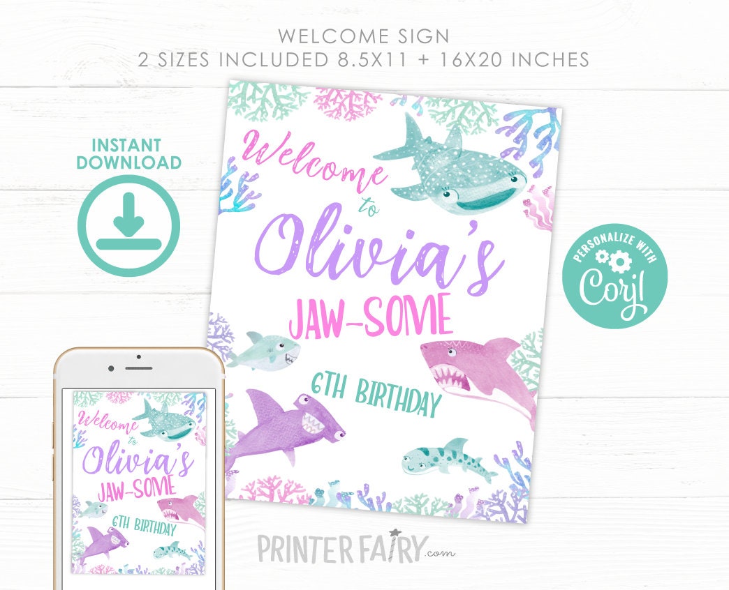 Shark Birthday Welcome Sign, Under the Sea Party Decor (Digital Download)