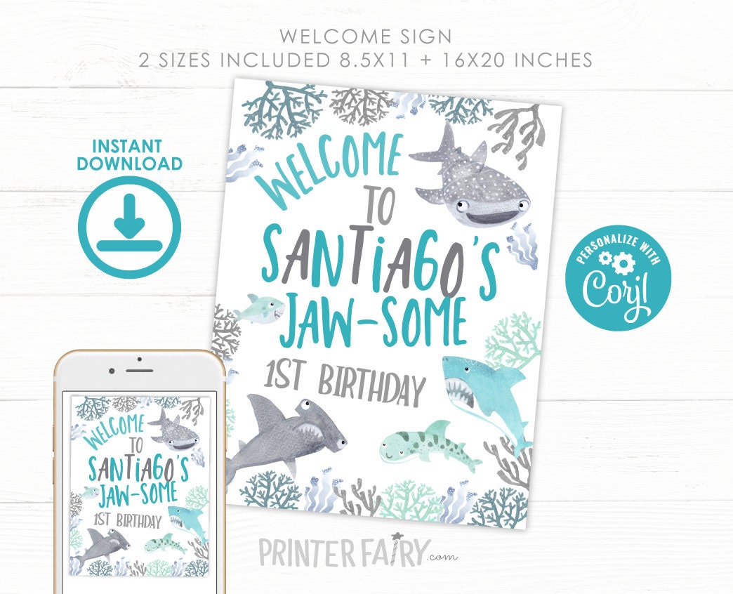 Shark Birthday Welcome Sign, Under the Sea Party (INSTANT DOWNLOAD)