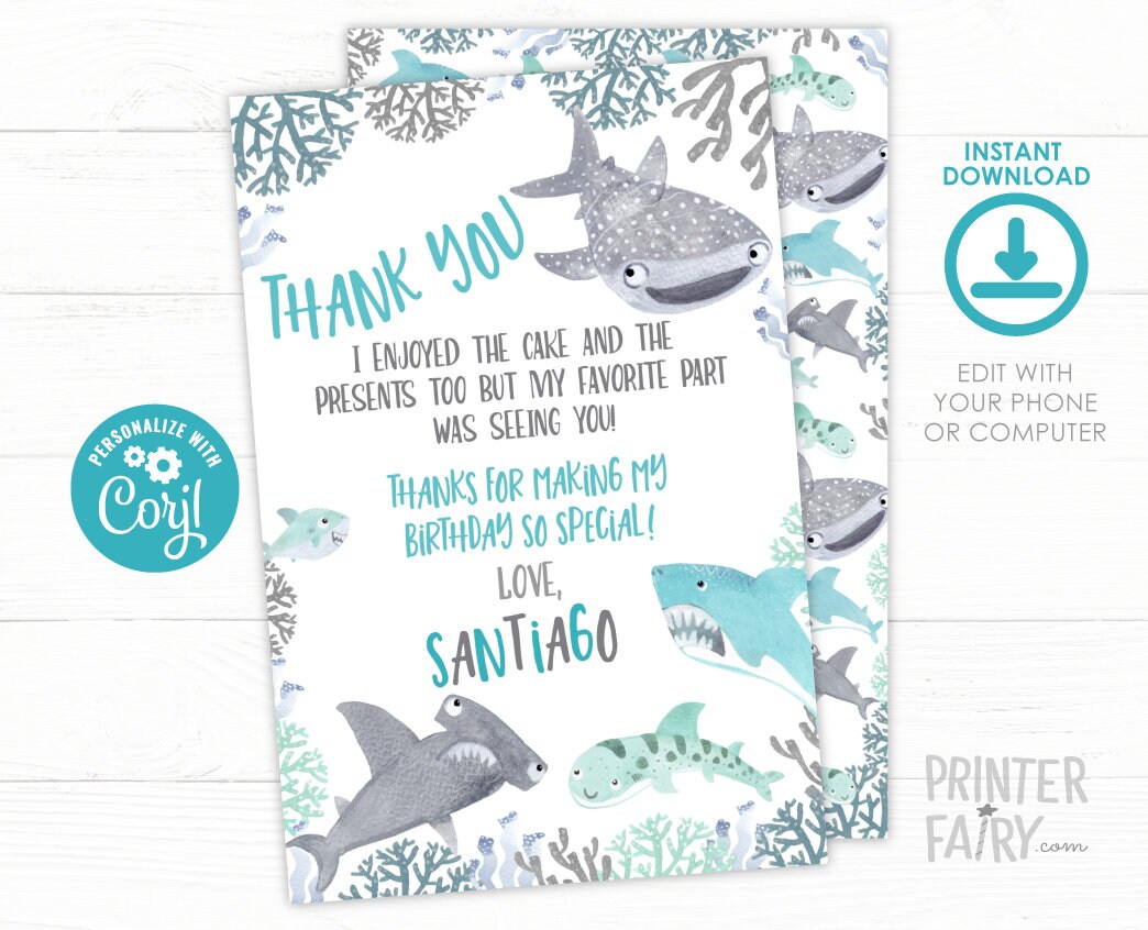 Editable Shark Thank You Cards, Under the Sea Birthday (Instant Download)