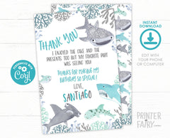 Editable Shark Thank You Cards, Under the Sea Birthday (Instant Download)