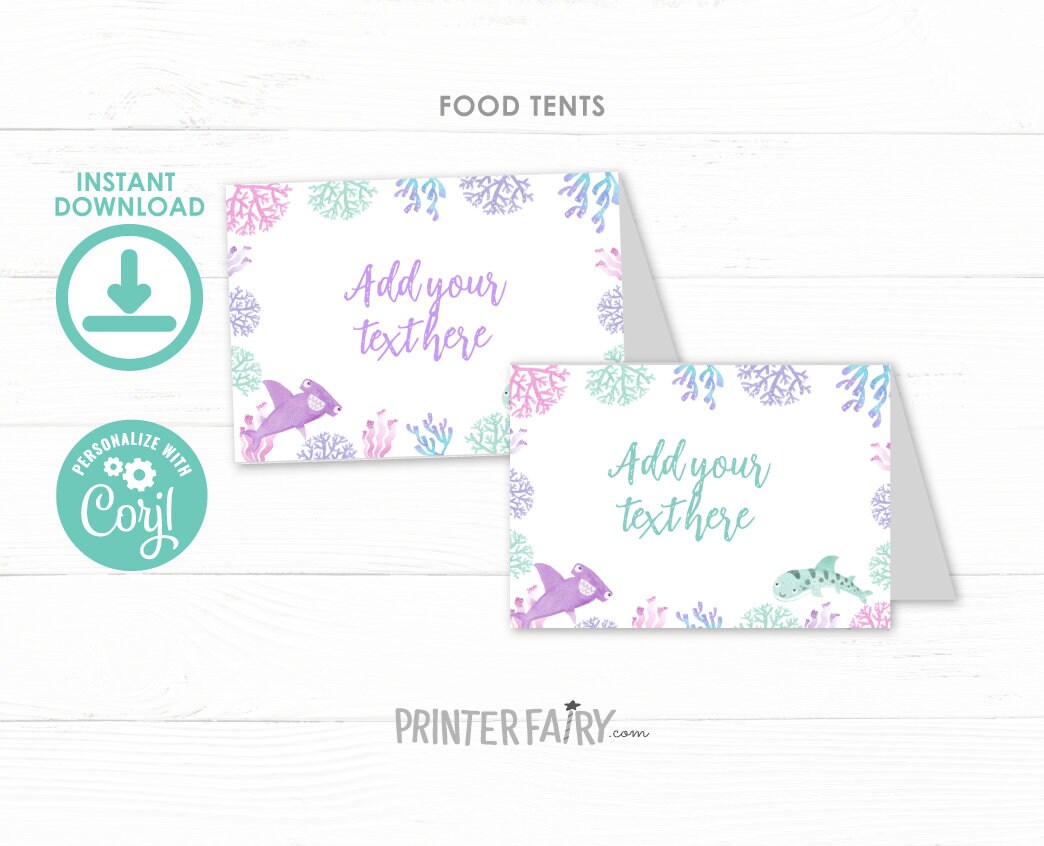 Shark Party Food Tent Cards Printable Editable Template, Instant Download