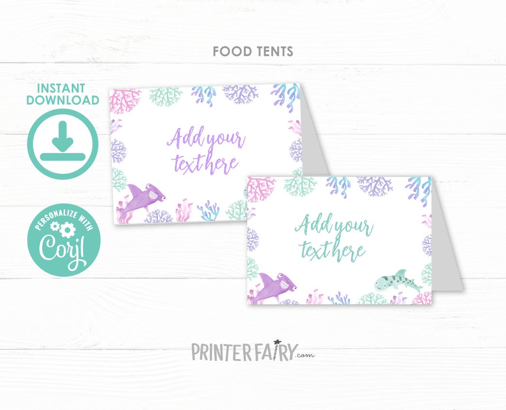 Shark Party Food Tent Cards Printable Editable Template, Instant Download