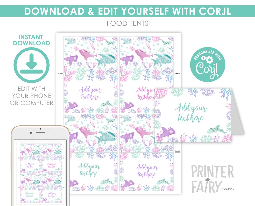 Shark Party Food Tent Cards Printable Editable Template, Instant Download