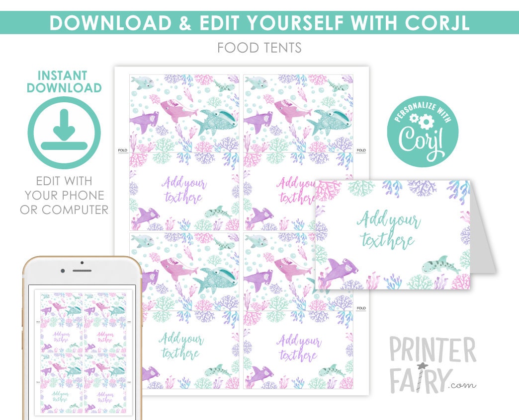 Shark Party Food Tent Cards Printable Editable Template, Instant Download