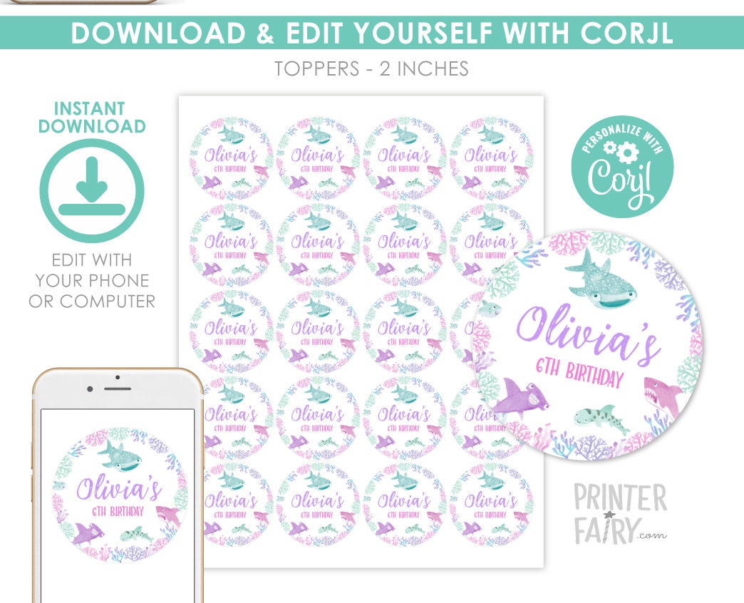 Shark Girl Birthday Toppers, Under the Sea Decorations (EDITABLE, Instant Download)