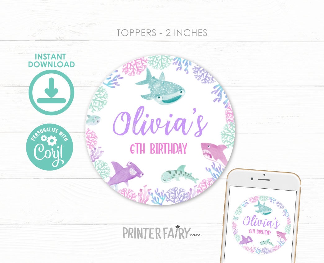 Shark Girl Birthday Toppers, Under the Sea Decorations (EDITABLE, Instant Download)