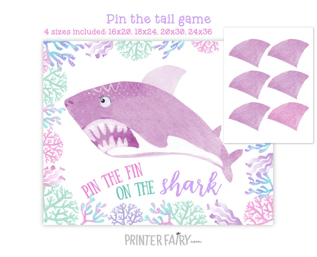 Shark Birthday Party Pin The Fin Game, Digital Instant Download